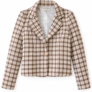 Classic Taupe Plaid Tweed Blazer - Women